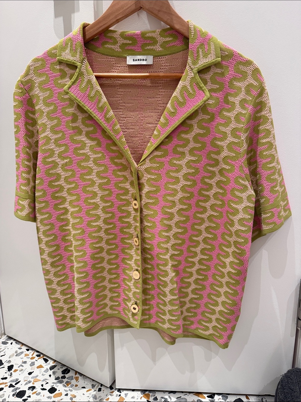 Sandro Pink & Olive Knit Short-Sleeve Button-Down